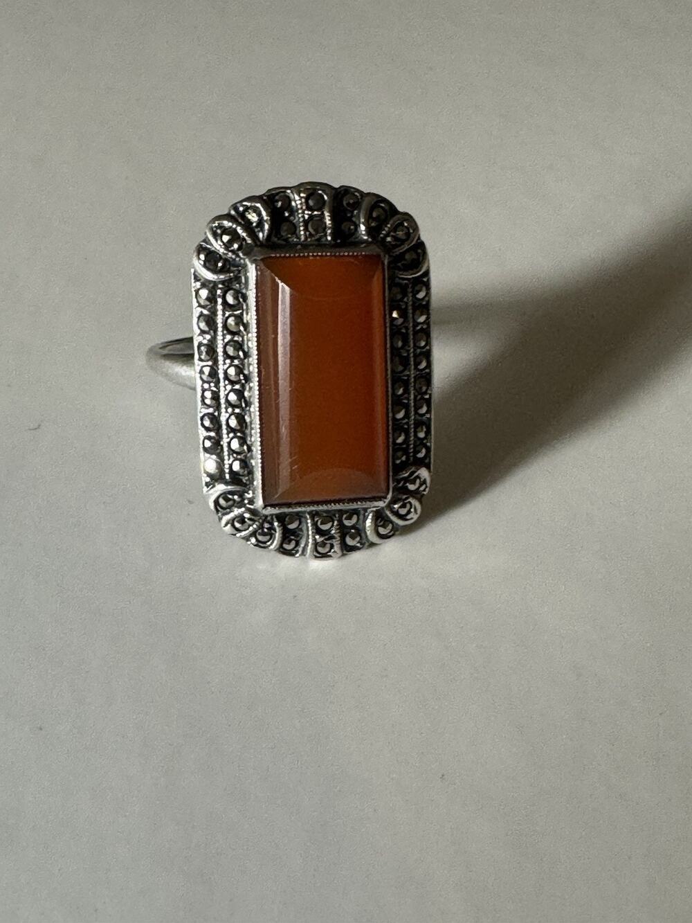 Vintage Art Deco Sterling Silver Orange Carnelian Statement Ring Size 6